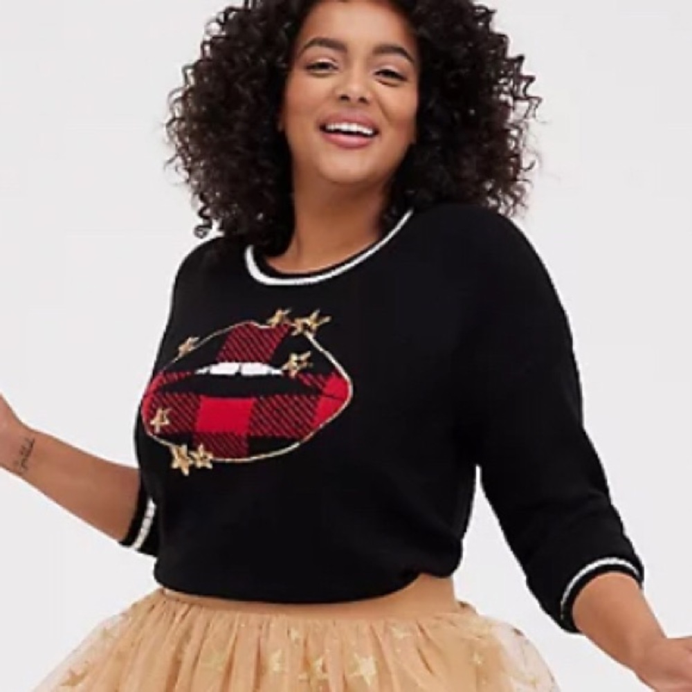 LOWEST🌺 NWT TORRID 5X-2X 1X-0X-or 00 BLACK w/GOLD STARS SWEATER - Picture 3 of 11